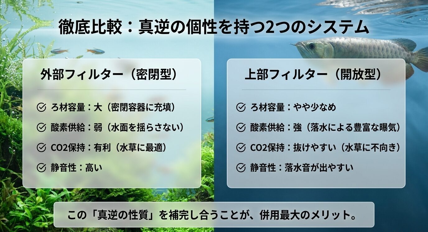 外部フィルターはろ材容量とCO2保持に強く、上部フィルターは酸素供給とメンテナンス性に強いことを比較したスライド