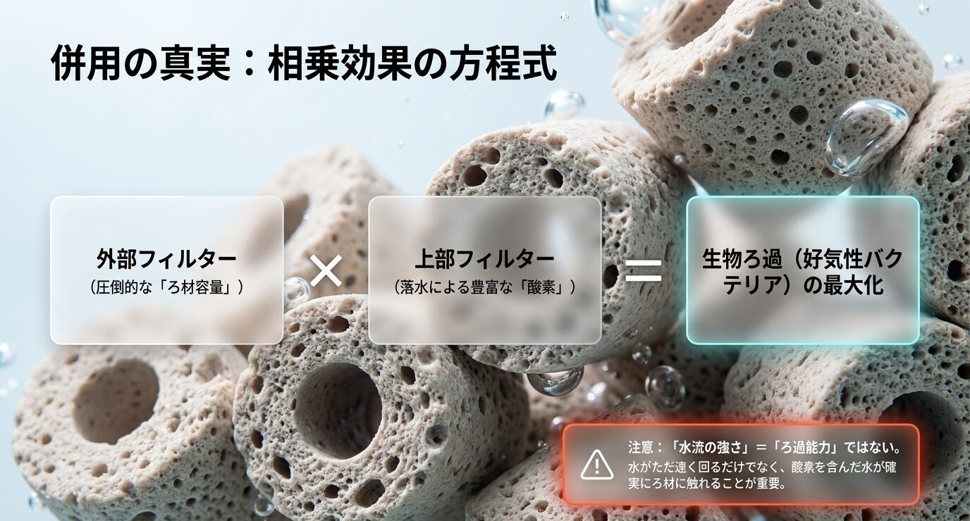 外部フィルターのろ材量と上部フィルターの酸素供給を組み合わせることで、生物ろ過を高める考え方を示すスライド