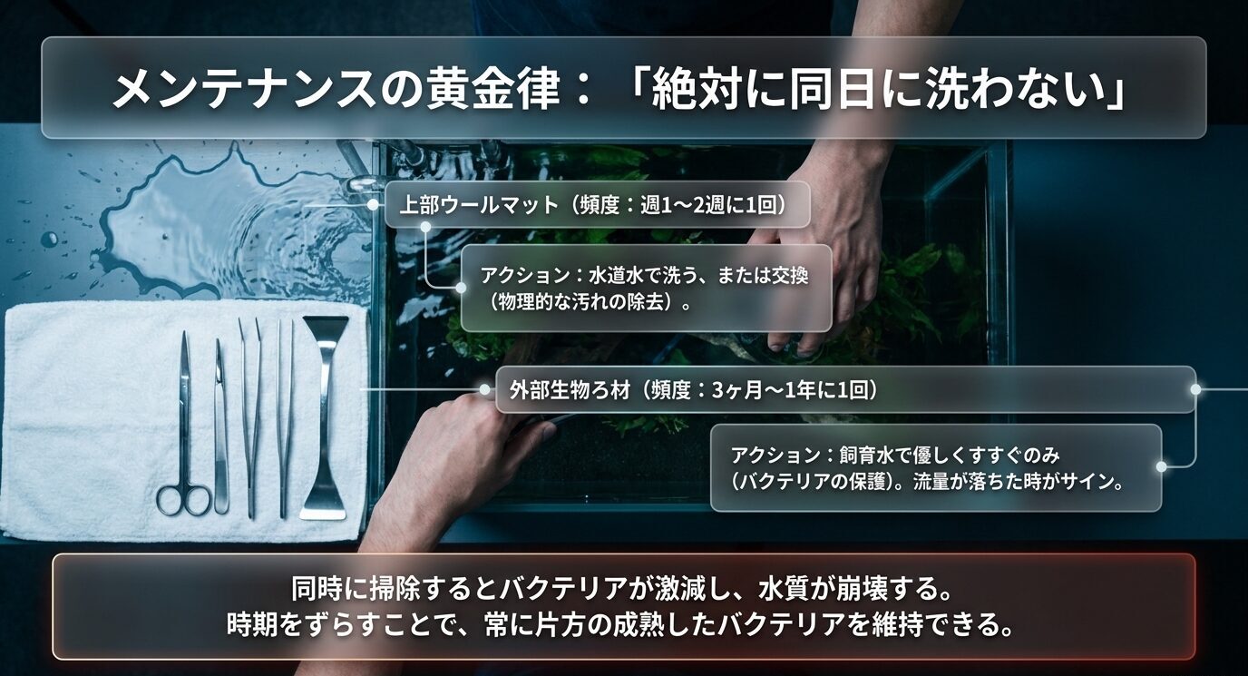 上部ウールマットと外部生物ろ材の掃除時期をずらし、バクテリアを守るメンテナンス方法を示すスライド