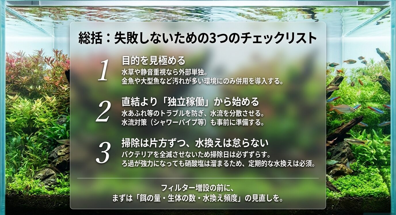 外部フィルターと上部フィルターを併用する前に、目的、独立稼働、水換えと掃除のルールを確認するチェックリストのスライド