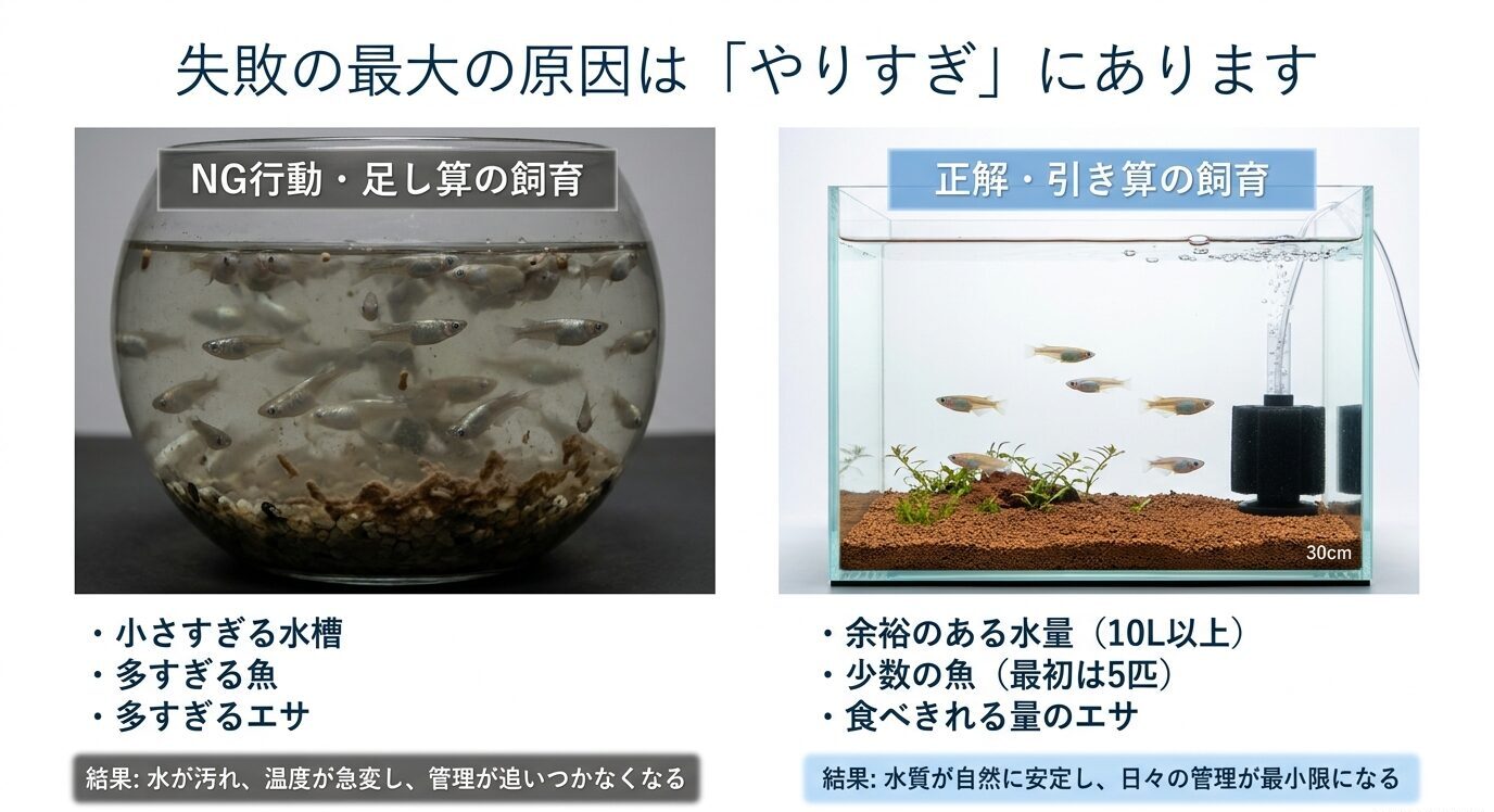 小さすぎる水槽や多すぎるエサを避け、10L以上の水量と少数飼育で始める考え方を比較したスライド
