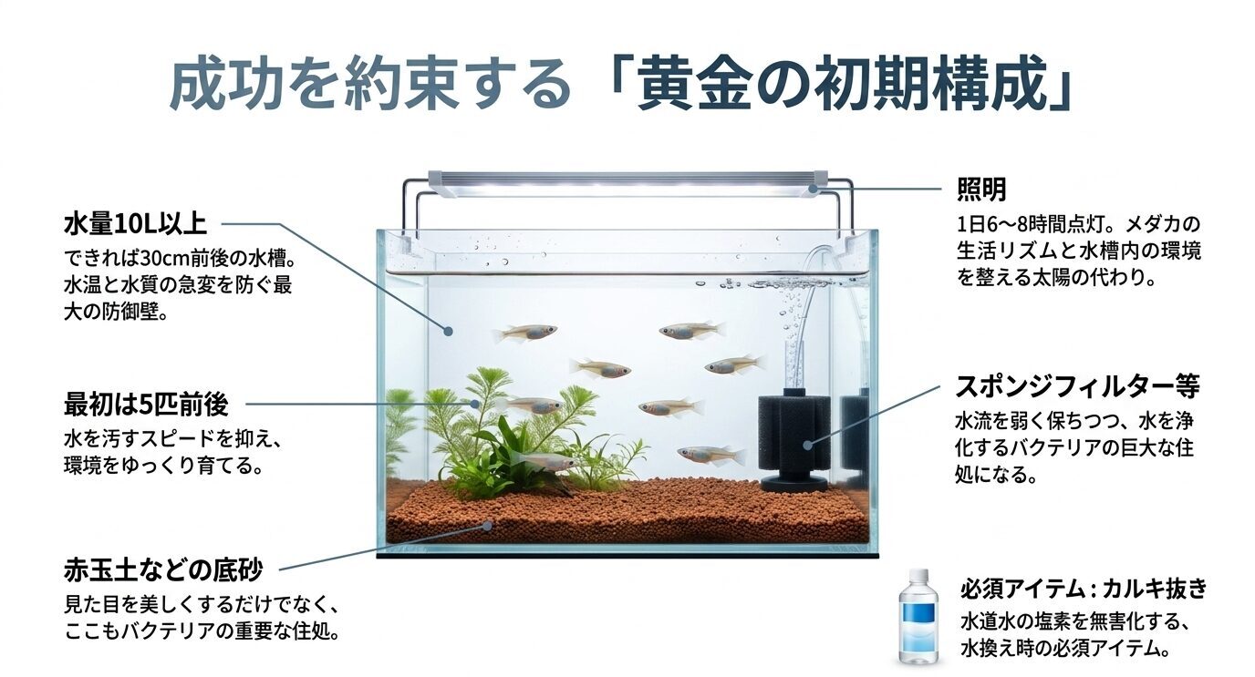 室内メダカ飼育に必要な水槽サイズ、匹数、照明、フィルター、底砂、カルキ抜きをまとめたスライド