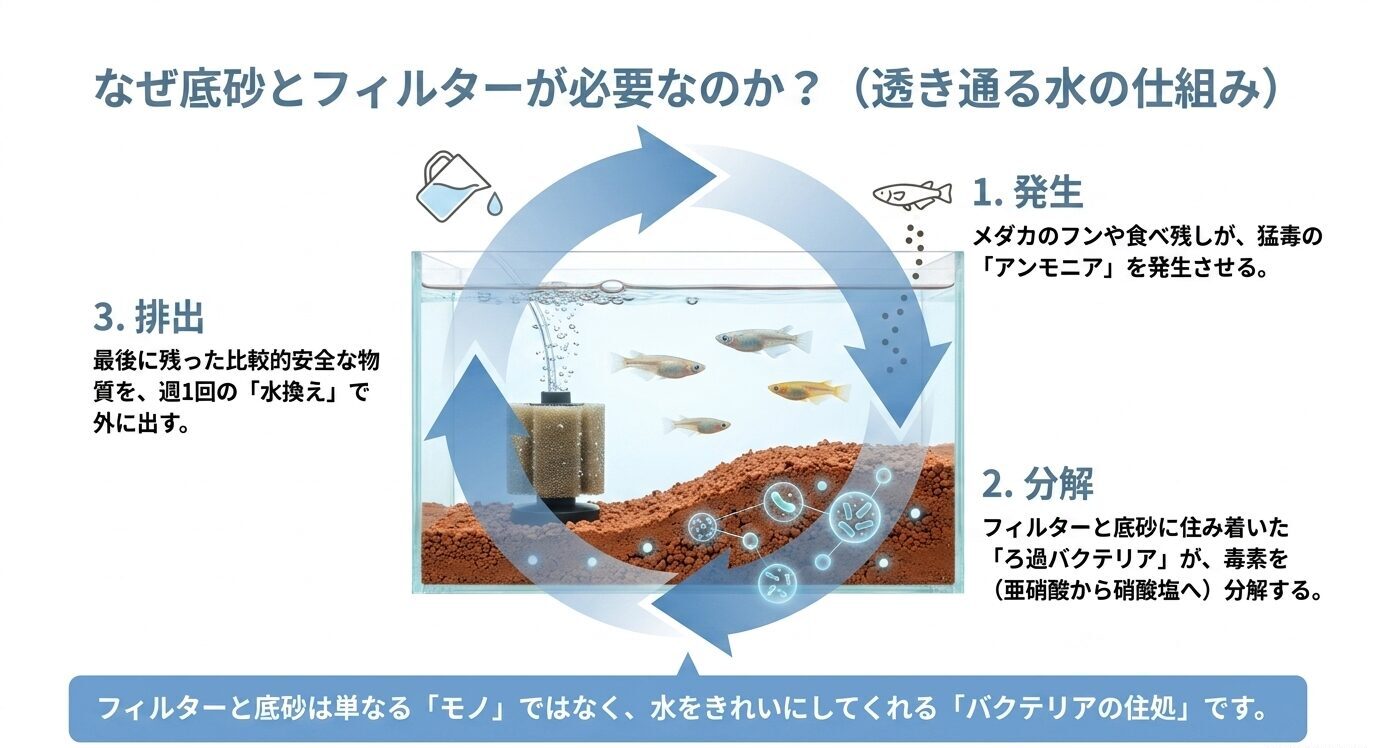 メダカのフンや食べ残しから出るアンモニアをバクテリアが分解し、水換えで排出する仕組みを示したスライド