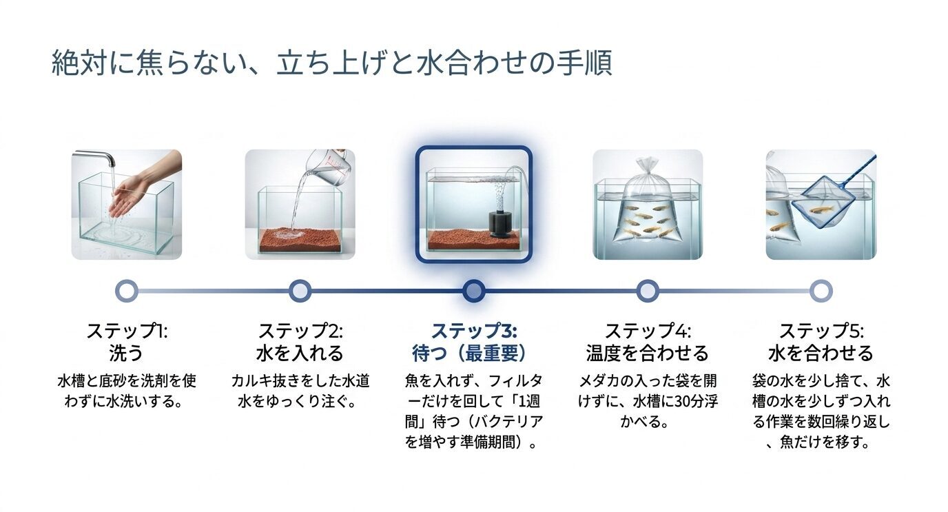 水槽を洗い、水を入れ、フィルターを回して待ち、温度合わせと水合わせを行う手順を示したスライド