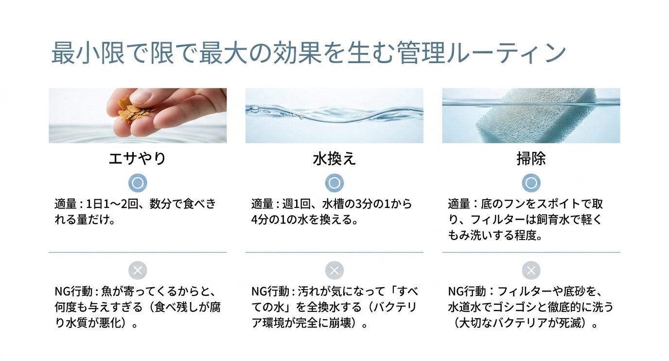 エサやり、水換え、掃除の適切な量と、やりすぎを避けるポイントをまとめたスライド
