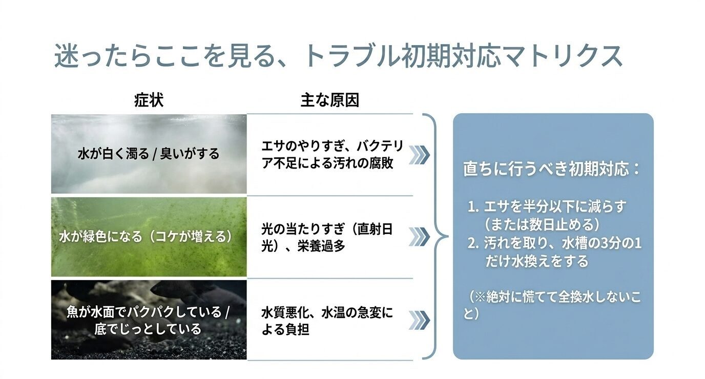 水の白濁り、緑色の水、メダカの異常行動について、主な原因と初期対応をまとめたスライド