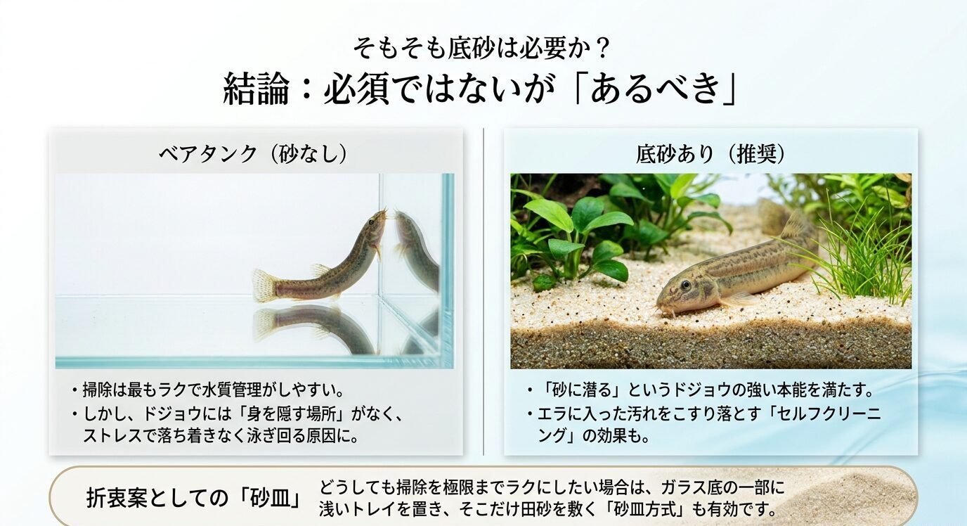 ベアタンクと底砂ありのドジョウ水槽を比較し、砂皿方式も紹介しているスライド