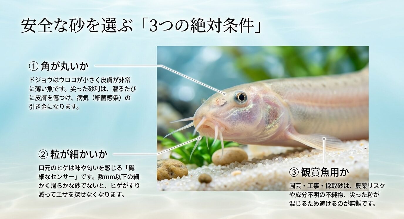 ドジョウの体やヒゲを傷つけにくい底砂の条件として、角の丸さ、粒の細かさ、観賞魚用であることを示した図解