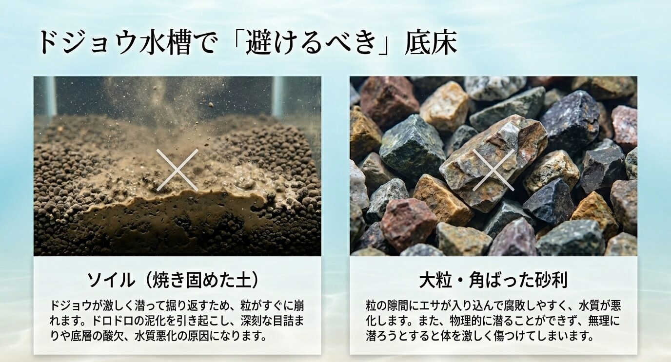 ソイルと大粒で角ばった砂利が、ドジョウ水槽では避けたい底床であることを示した比較スライド
