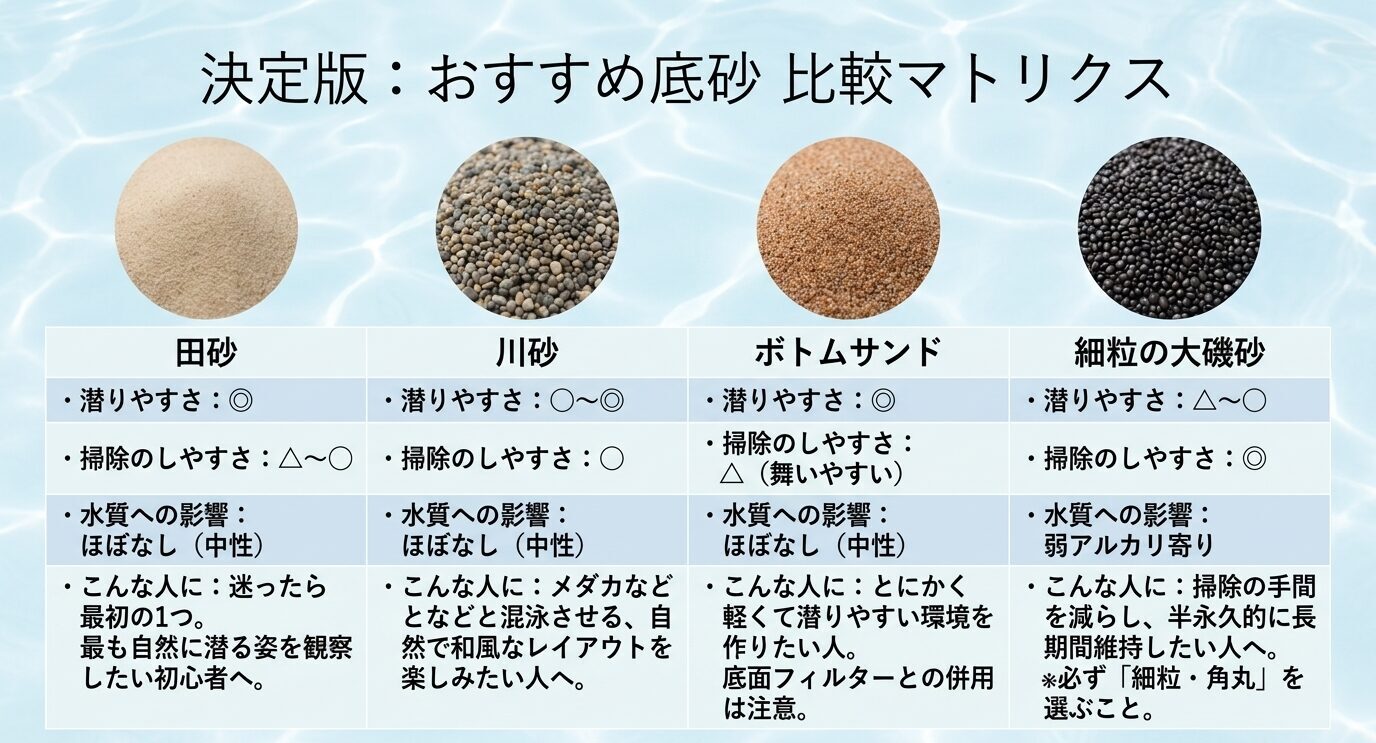 田砂、川砂、ボトムサンド、細粒の大磯砂について、潜りやすさ、掃除のしやすさ、水質への影響を比較した表