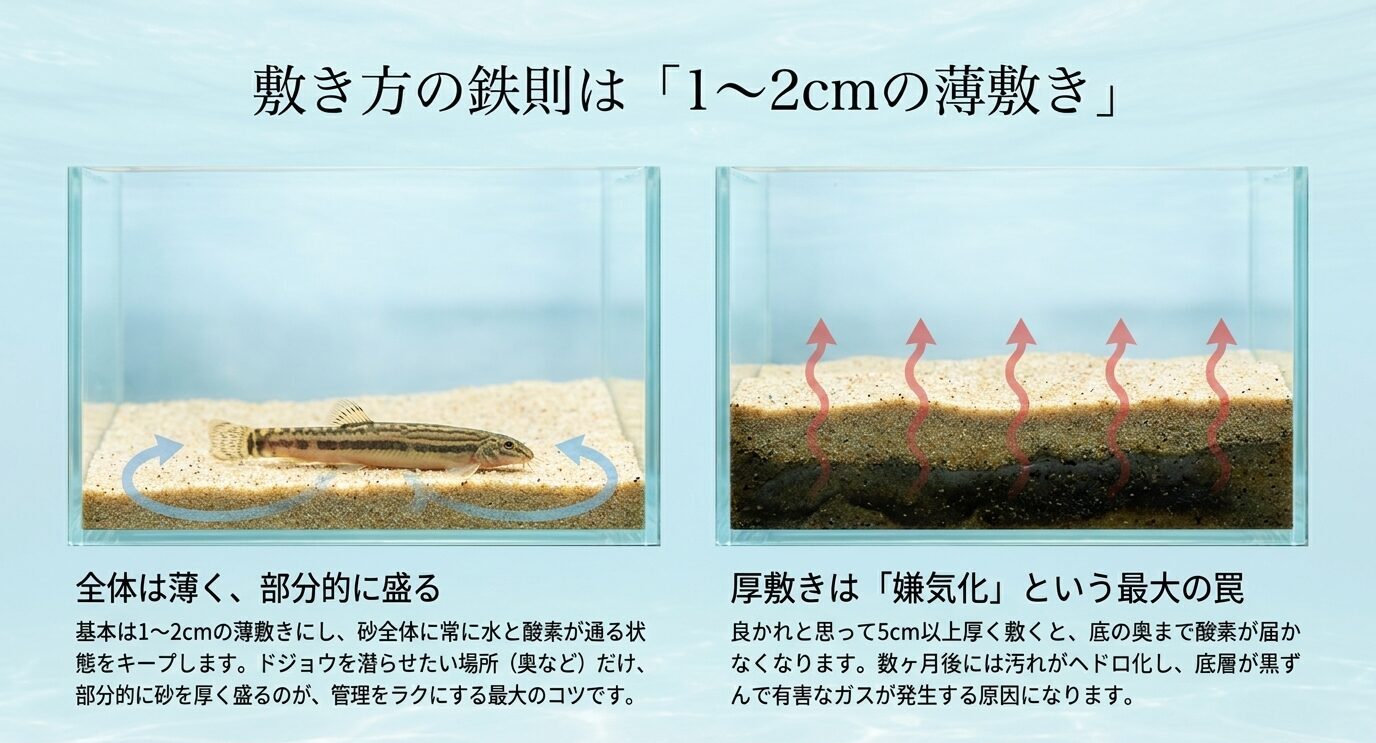 ドジョウ水槽では底砂を全体に薄く敷き、一部だけ盛る方法と、厚敷きによる嫌気化リスクを示した図解