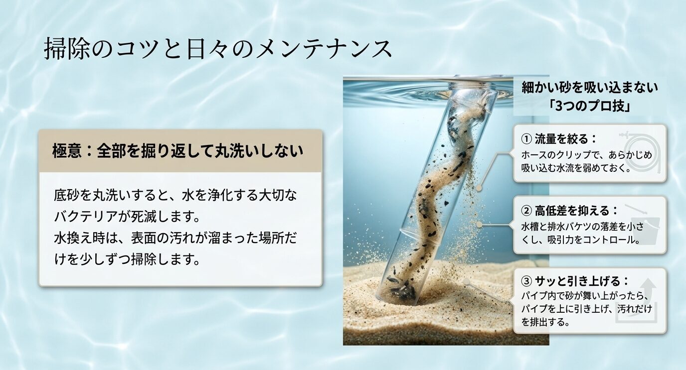 プロホースで細かい砂を吸い込みすぎないための流量調整、高低差調整、引き上げ方を示したメンテナンス図解