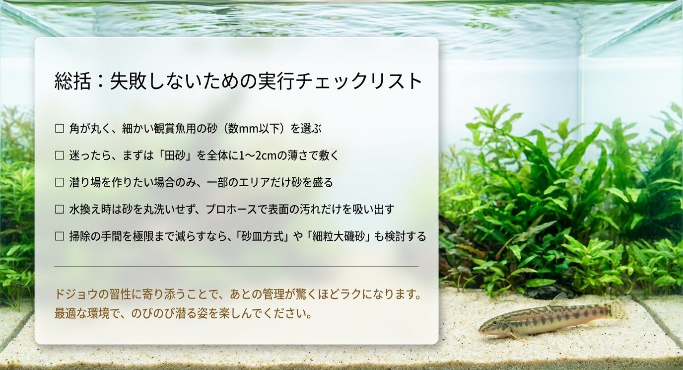 角が丸く細かい観賞魚用の砂を選び、1〜2cmの薄敷きや砂皿方式、掃除方法を確認するためのチェックリスト