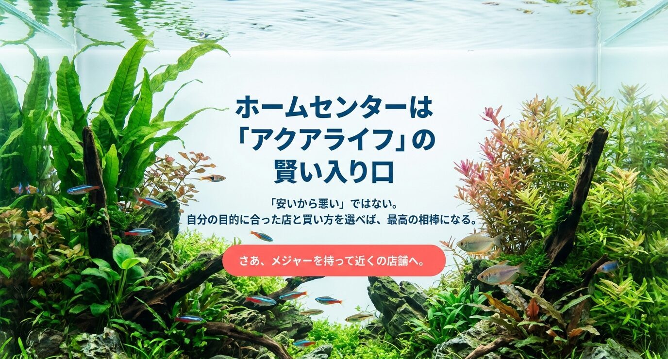 水草水槽の写真と「ホームセンターはアクアライフの買い入口」。安い=悪いではなく、目的に合う店と買い方なら最高の相棒になる。メジャーを持って店へ行く行動喚起。