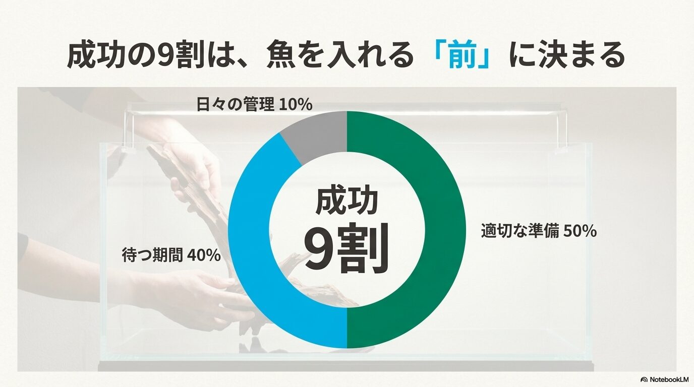 成功の9割は魚を入れる前に決まることを示すグラフ。内訳は適切な準備50%、待つ期間40%、日々の管理10%。