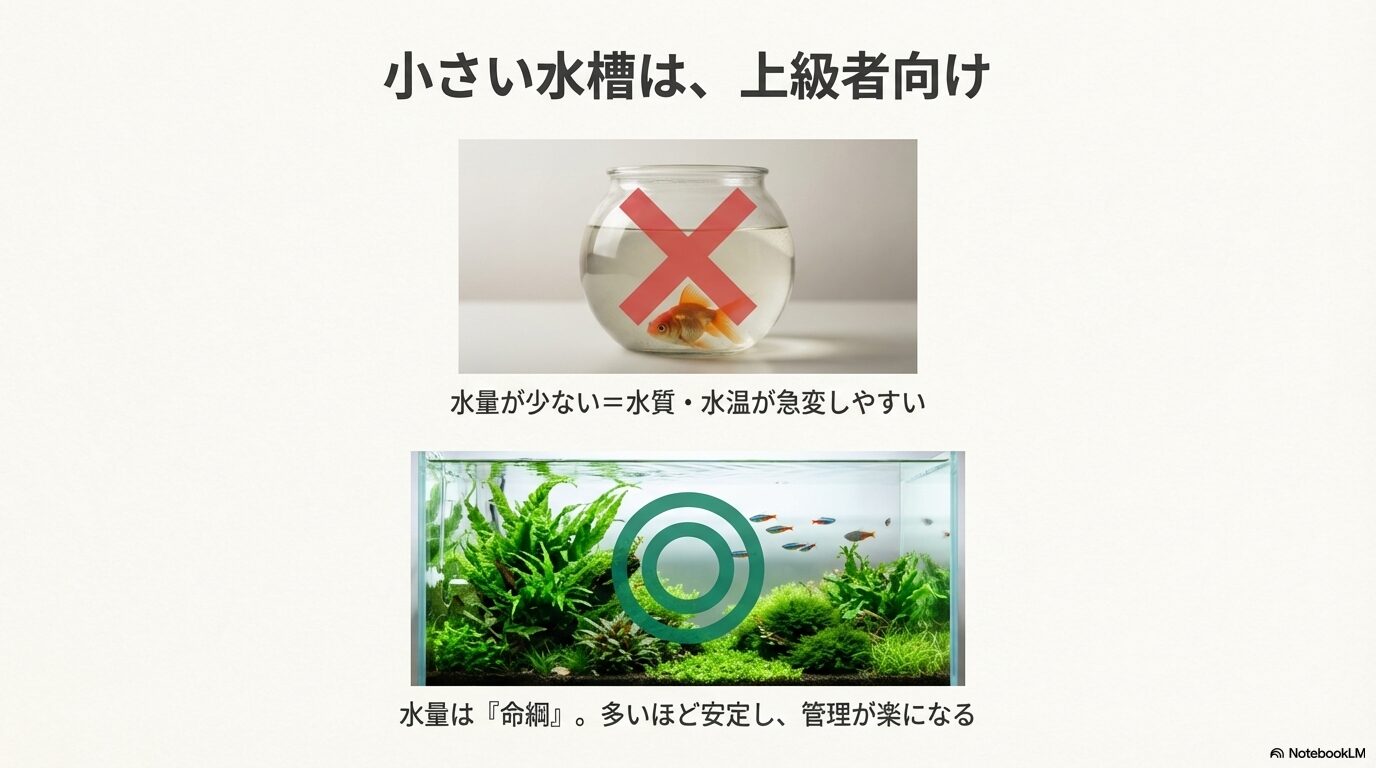 小さい金魚鉢には×、大きな水草水槽には◎がついており、水量が少ないと水質・水温が急変しやすく、多いほど管理が楽になることを説明する画像。