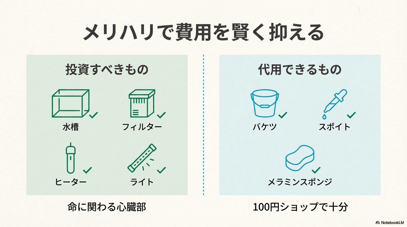 水槽、フィルター、ヒーター、ライトは投資すべき「命に関わる心臓部」とし、バケツ、スポイト、メラミンスポンジは100均で十分であることを示す比較表。