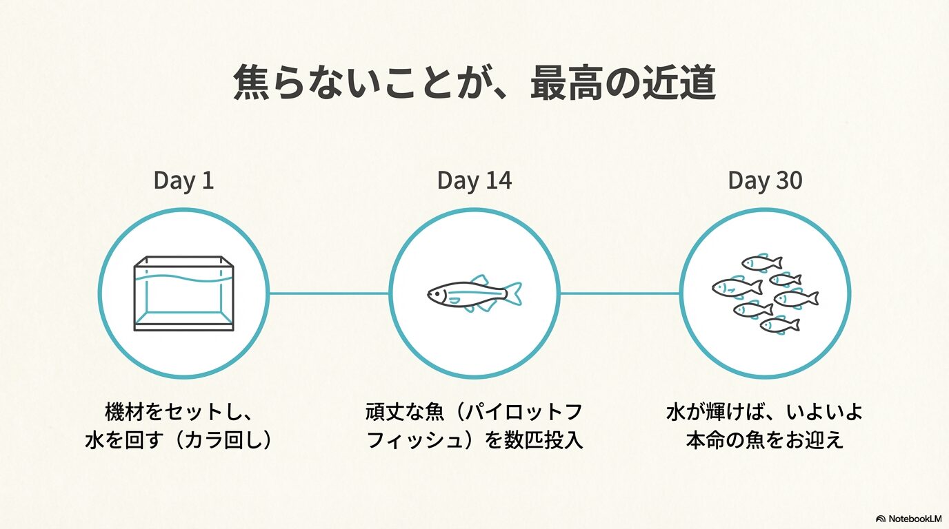 1日目のセット・空回し、14日目のパイロットフィッシュ投入、30日目の本命の魚のお迎えまでを時系列で示したスケジュール図。