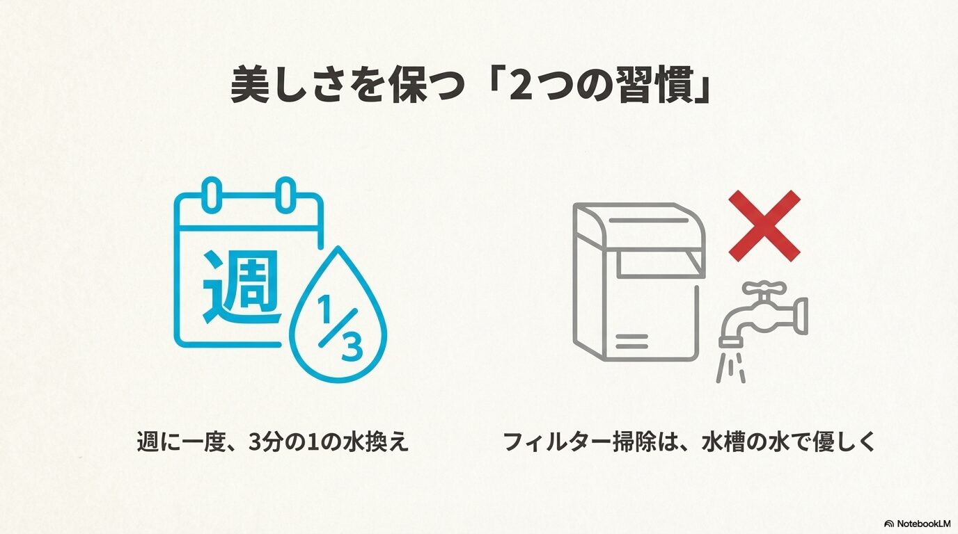 週に一度1/3の水換えを行うアイコンと、フィルターを水道水(塩素)で洗ってはいけないことを示すバツ印のイラスト。