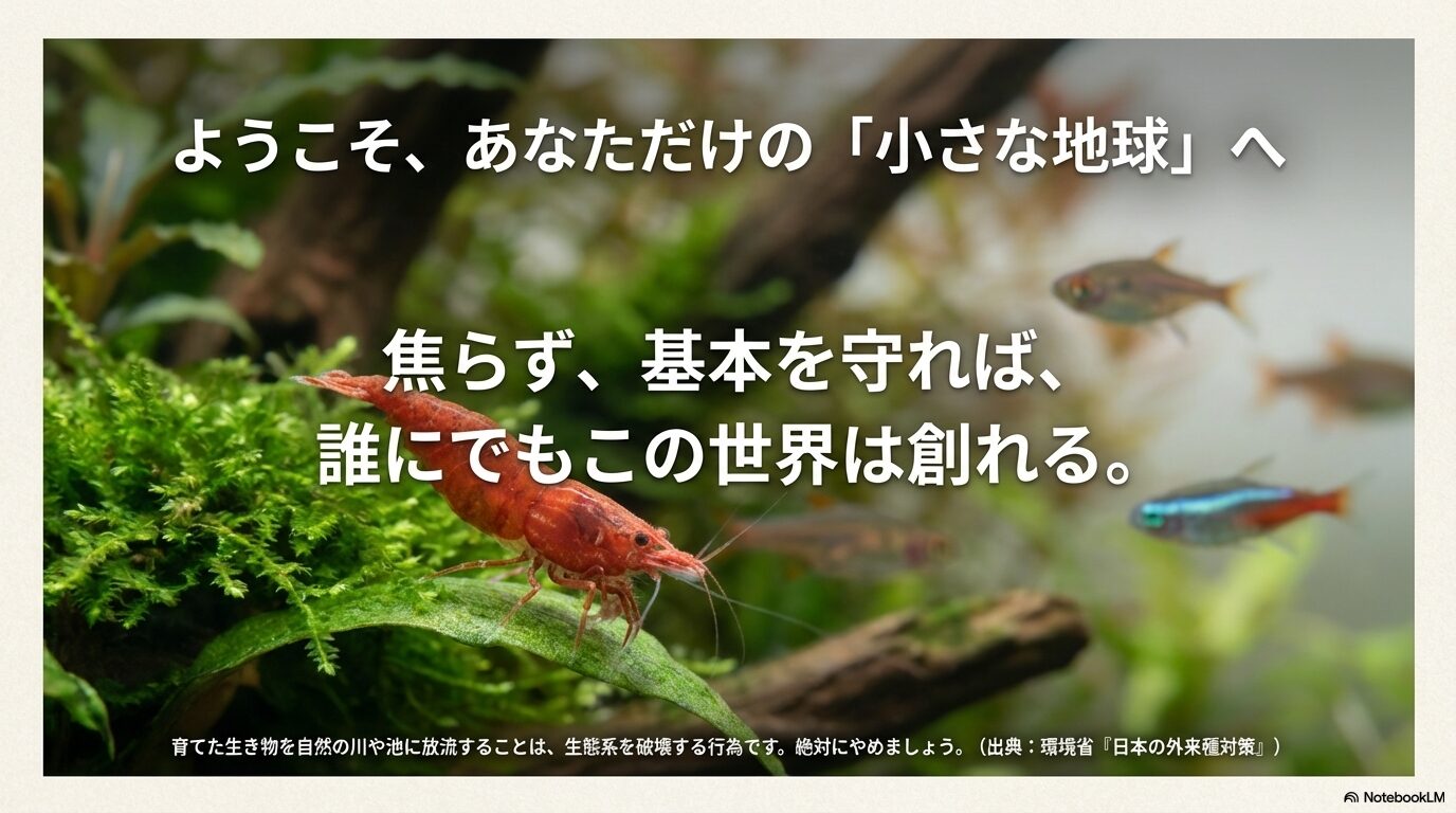 「ようこそ、あなただけの小さな地球へ」というメッセージと、環境省の指針に基づく「育てた生き物を自然に放流してはいけない」という警告。