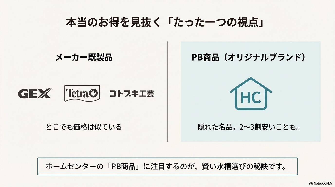 メーカー既製品は価格が安定しているが、ホームセンターのPB商品は2〜3割安いこともあるという、賢い選び方の秘訣を説明する図解。