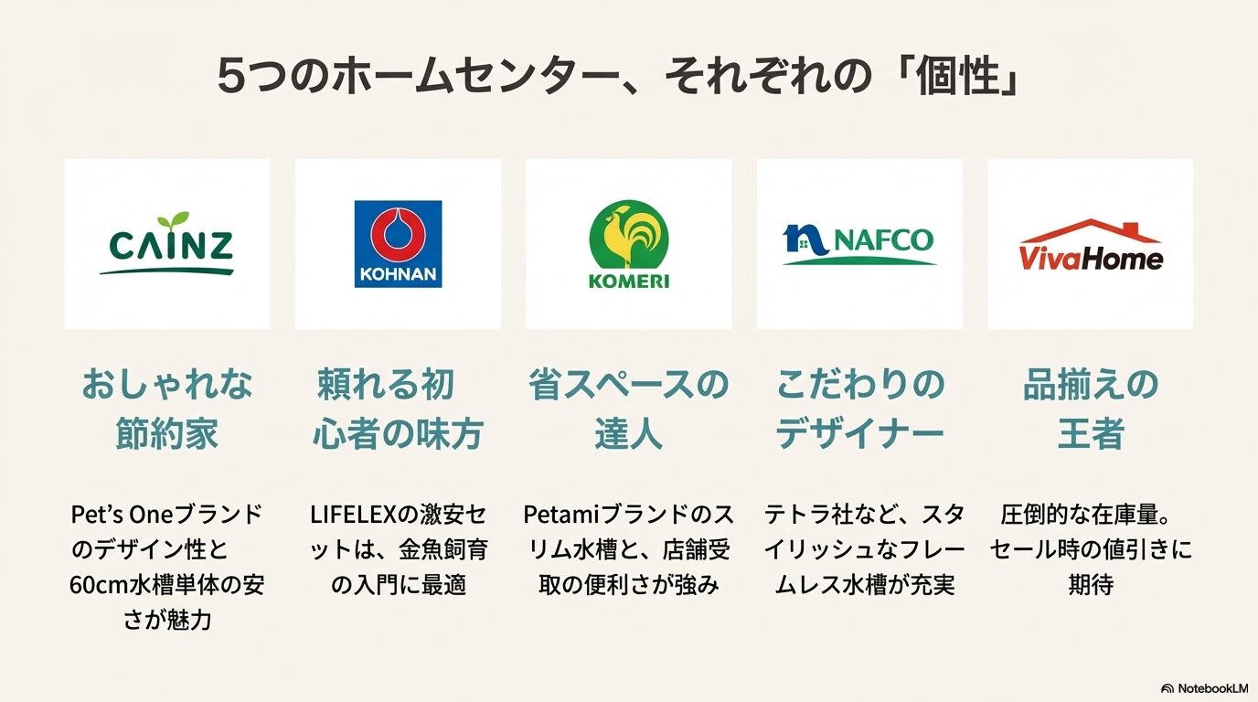 カインズ(おしゃれ)、コーナン(節約家)、ナフコ(こだわり)、ビバホーム(王者)、コメリ(省スペース)の各社の強みを一言で表した比較スライド。