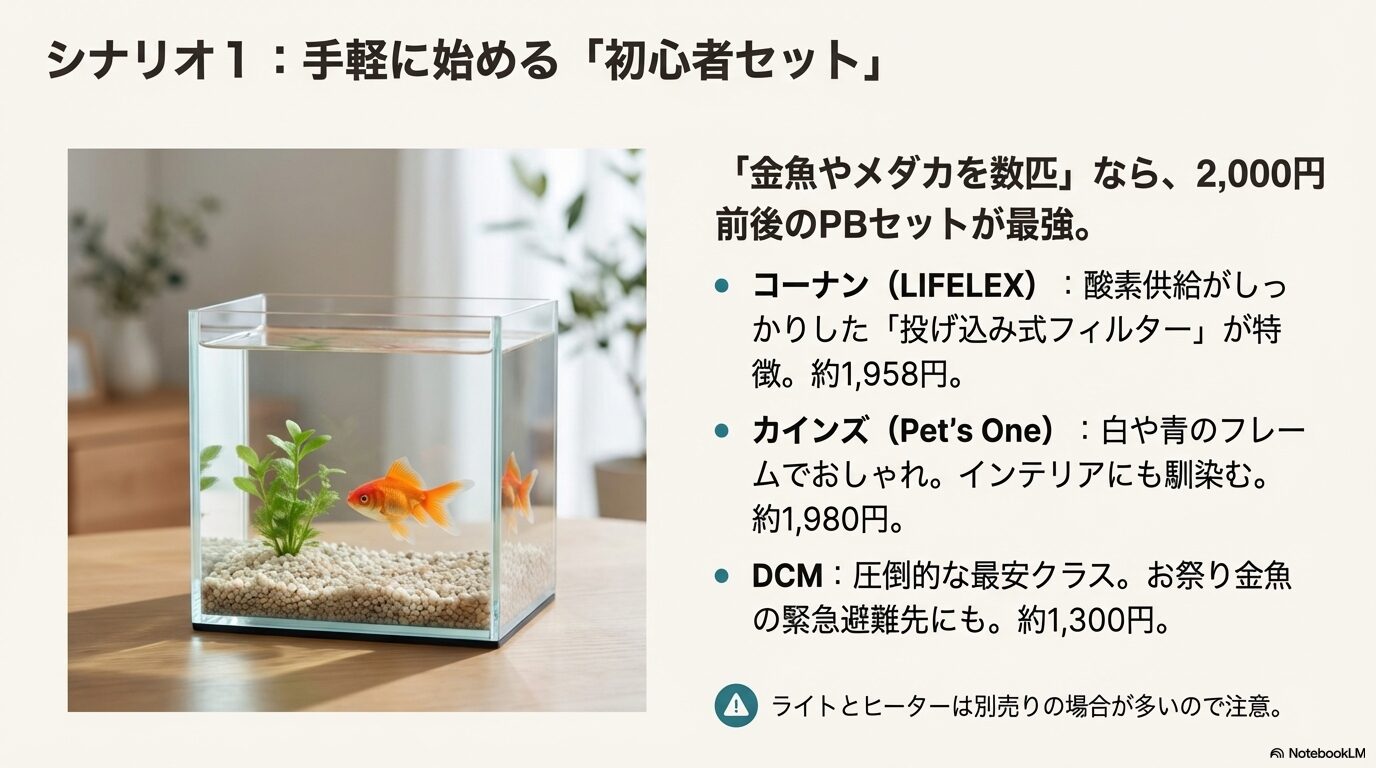 コーナン、カインズ、DCMの初心者向けPBセットの具体的な価格(約1,300円〜1,980円)とそれぞれのフィルターやデザインの特徴を比較したスライド。