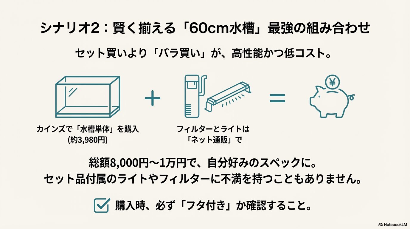 カインズで水槽単体を買い、フィルターとライトをネット通販で揃えることで、総額1万円以内で高性能な環境を作る「バラ買い」の仕組みを解説したスライド。