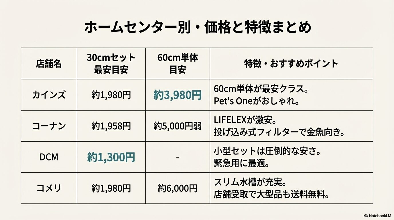 カインズ、コーナン、DCM、コメリの30cmセットと60cm単体の価格目安とおすすめポイントをまとめた表形式のスライド。