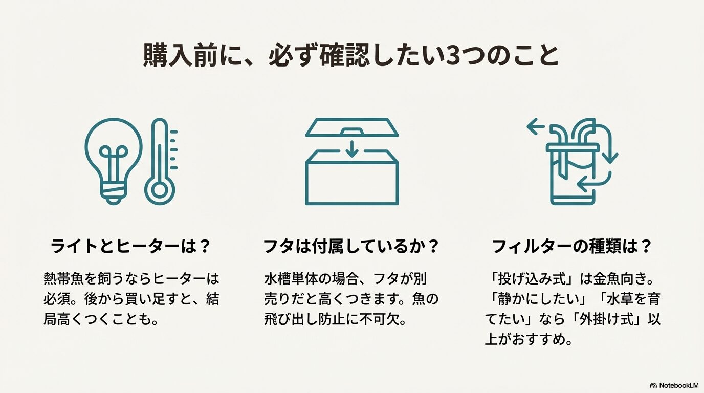 ライト・ヒーターの有無、フタの付属、フィルターの種類(投げ込み式か外掛け式か)の3点を確認するよう促す注意喚起スライド。