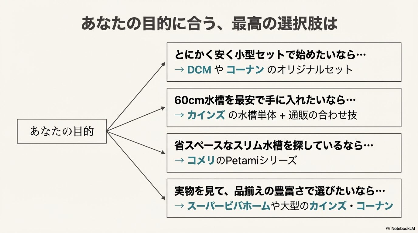 「安さ」「60cm最安」「省スペース」「品揃え」という4つの目的に合わせて、どのホームセンターに行くべきかを示すフローチャート形式のスライド。