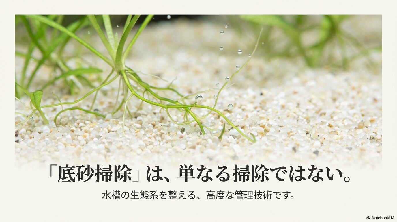 「生態系を整える底砂管理術」というタイトル。底砂掃除は単なる掃除ではなく、水槽の生態系を整える高度な管理技術であることを示唆するスライド。