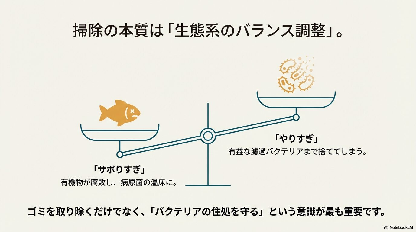 掃除の本質は「生態系のバランス調整」であることを示す天秤のイラスト。「サボりすぎ」は有機物の腐敗を招き、「やりすぎ」は有益な濾過バクテリアを捨ててしまうというリスクを図解。