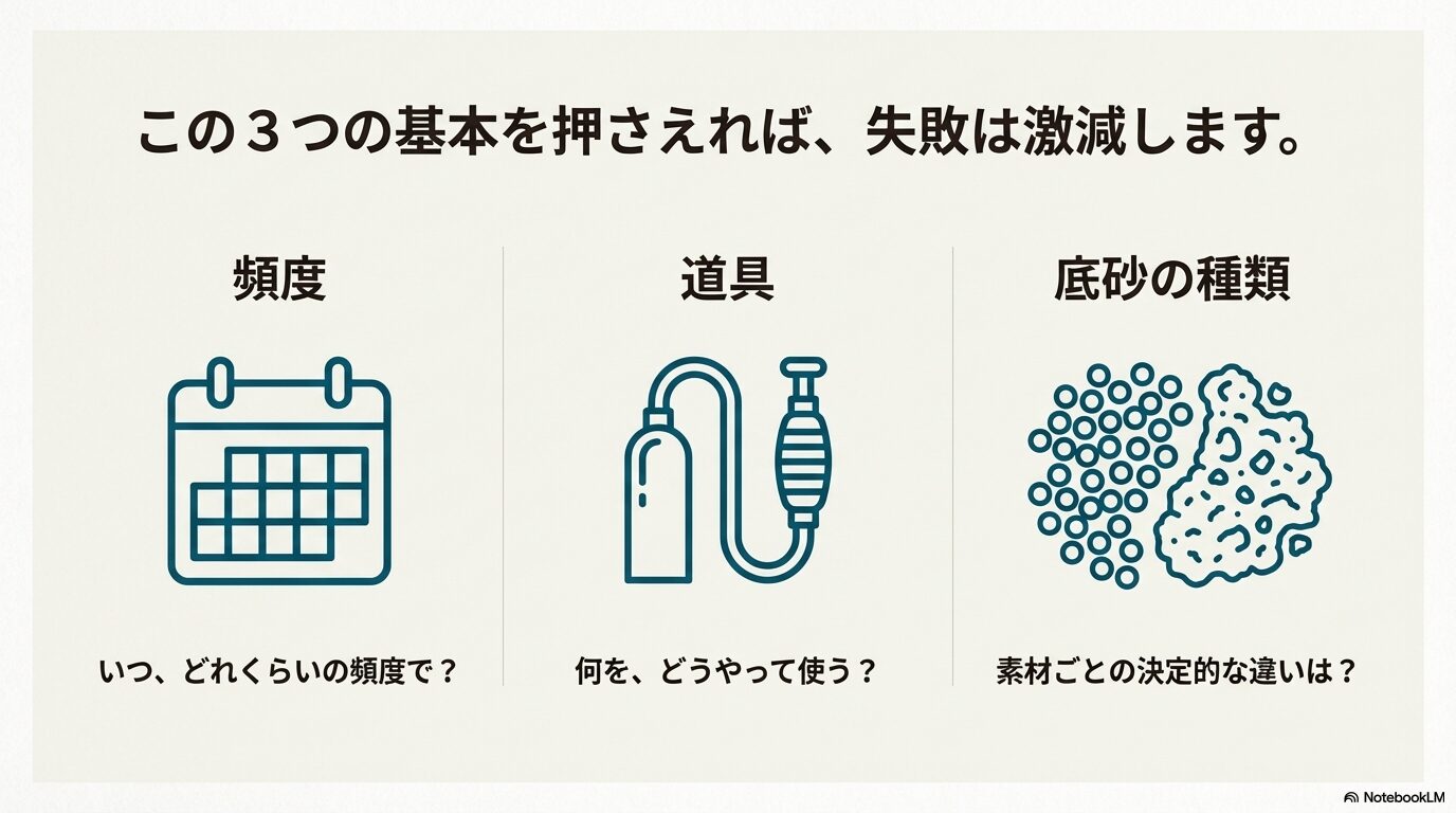 底砂掃除で失敗を減らすための3つの基本として「頻度」「道具」「底砂の種類」のアイコンを表示したスライド。