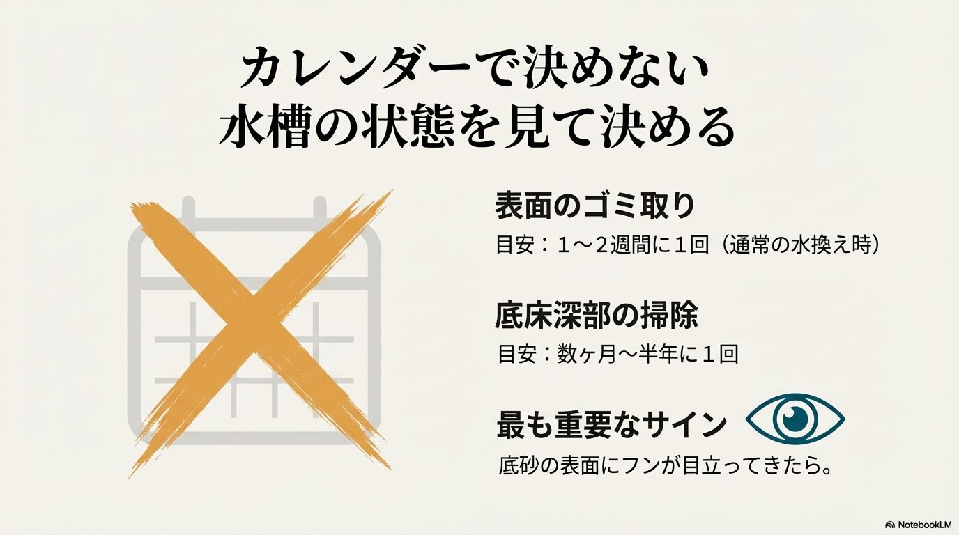 「カレンダーで決めない、水槽の状態を見て決める」という鉄則を強調。表面のゴミ取り(1〜2週間に1回)と底床深部の掃除(数ヶ月〜半年に1回)の目安、およびフンが目立ってきたら掃除というサインを説明。