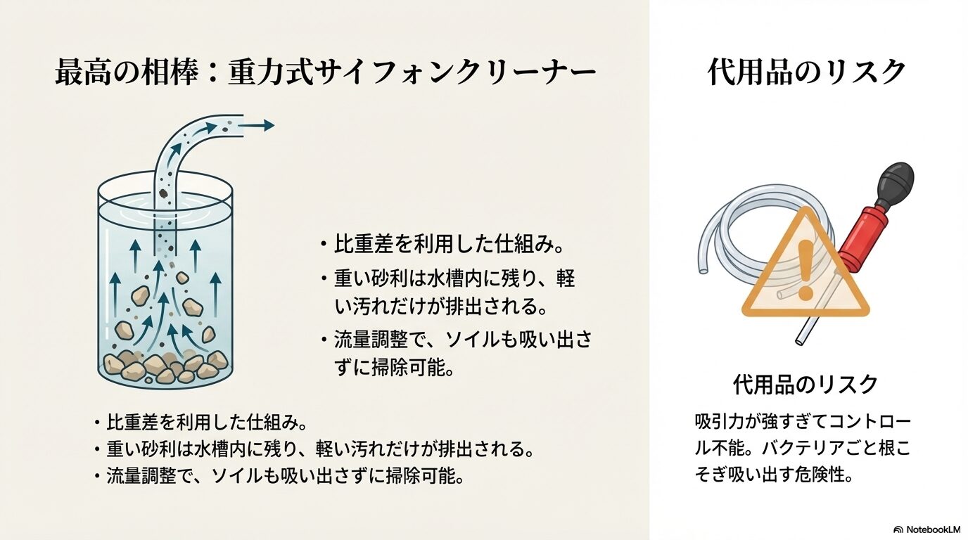 重力式サイフォンクリーナーが比重差を利用して汚れだけを排出する仕組みの図解。一方で、代用品(ただのホース等)は吸引力が強すぎてバクテリアや底砂を吸い出すリスクがあることを警告。