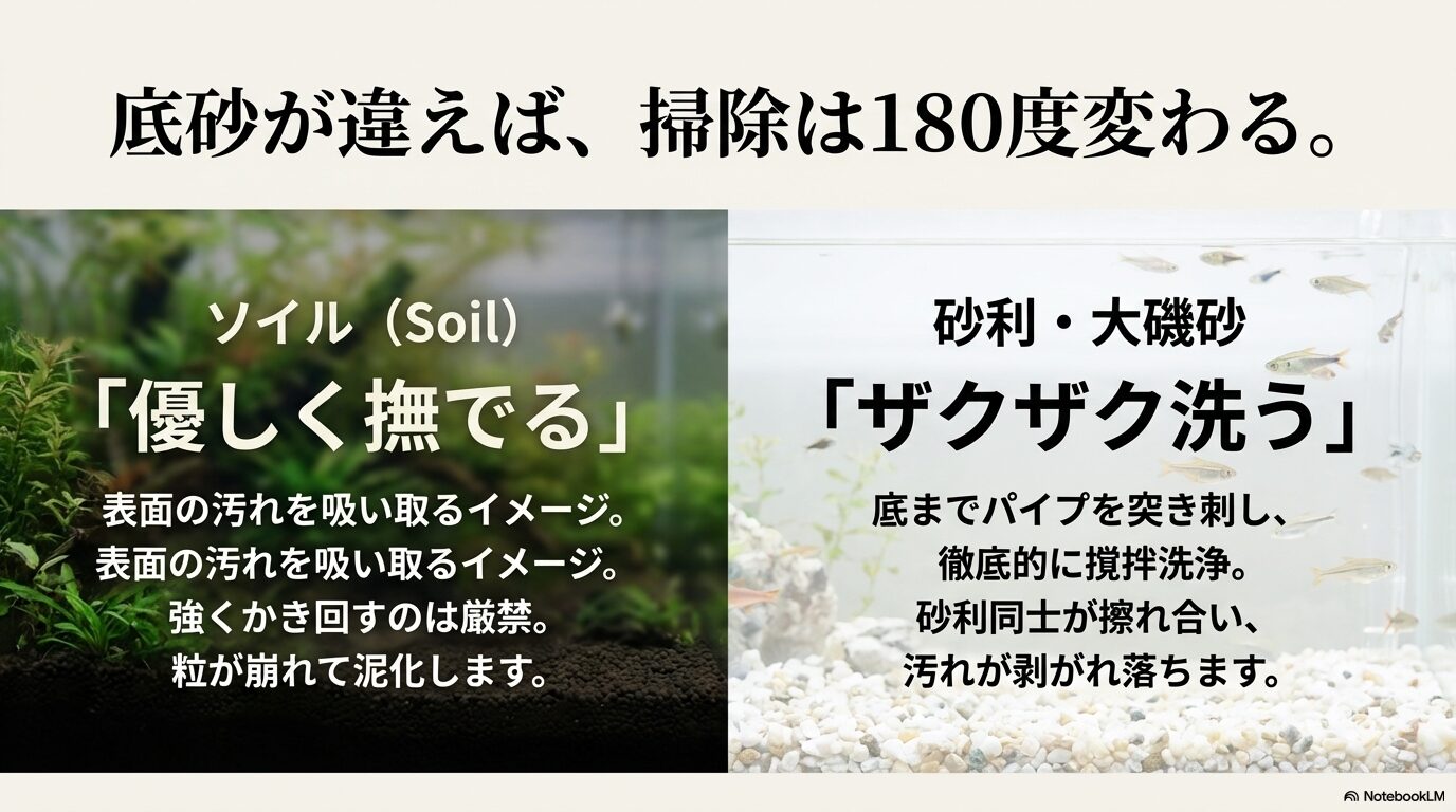 ソイルは表面を優しく撫でるように汚れを吸い取るのに対し、砂利・大磯砂は底までパイプを突き刺してザクザクと撹拌洗浄するという、素材ごとのアプローチの違いを比較。