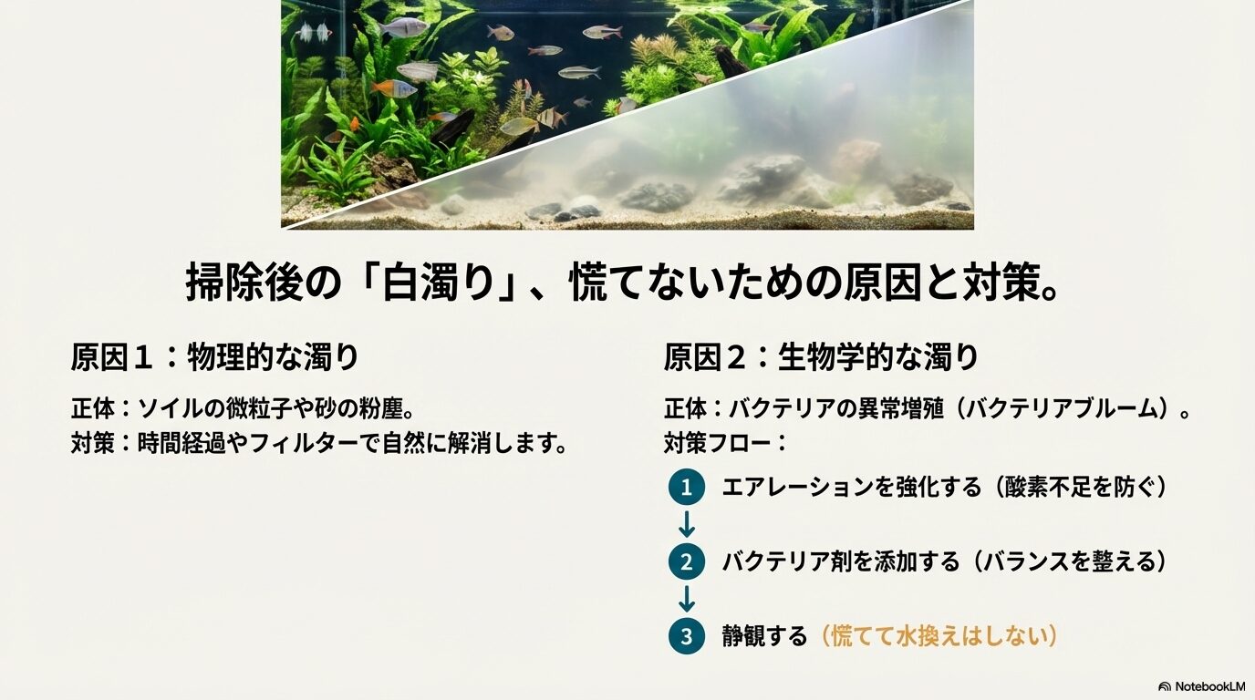 物理的な濁りと生物学的な濁り(バクテリアブルーム)の違いを解説。バクテリア由来の濁りに対して、エアレーション強化、バクテリア剤添加、静観するという3ステップの対策フローを提示。