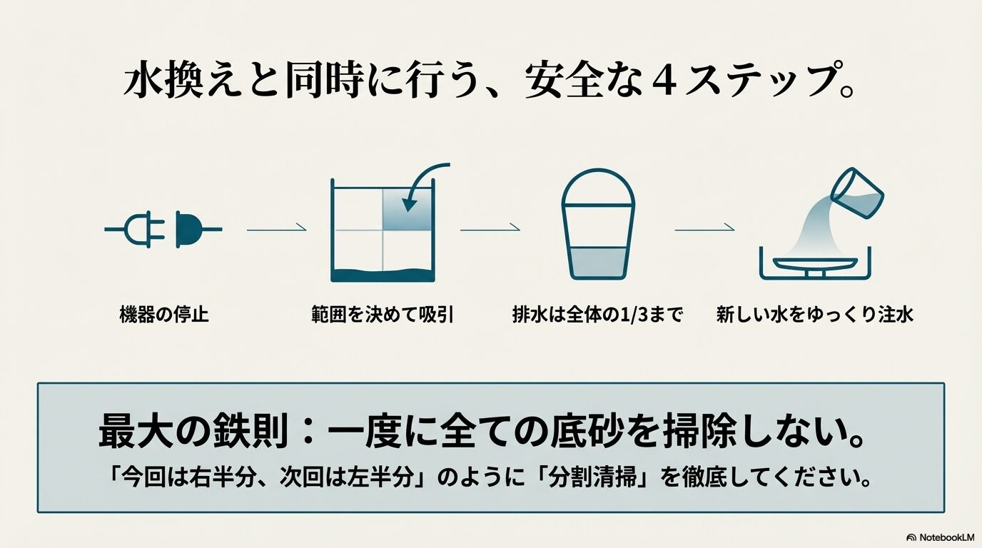 「機器の停止」「範囲を決めて吸引」「排水は1/3まで」「ゆっくり注水」の4ステップをイラストで解説。一度に全て掃除せず、右半分・左半分のように「分割清掃」を行う鉄則を強調。