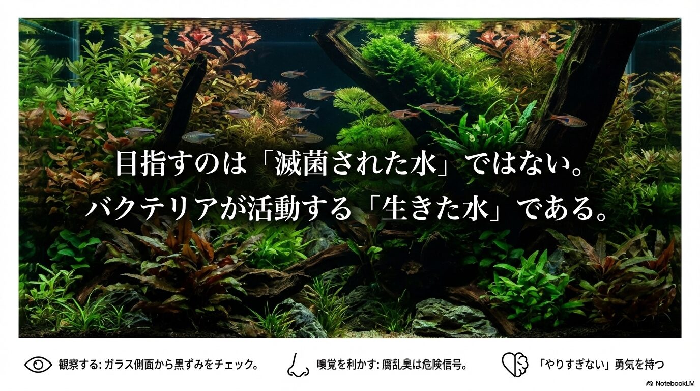 バクテリアが活動する「生きた水」を目指すための心構え。ガラス側面の黒ずみチェックや腐乱臭の確認、そして「やりすぎない勇気」を持つことの重要性をまとめたスライド。