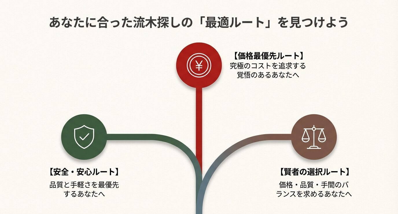 流木選びを「安全重視・価格最優先・バランス重視」の3ルートで整理した分岐図