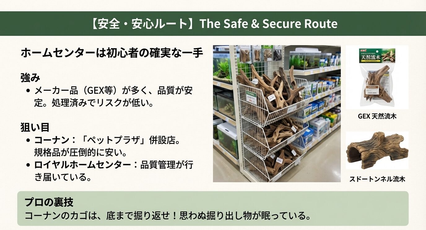 ホームセンターの流木売り場とメーカー製天然流木。初心者向けの安全ルートを示す