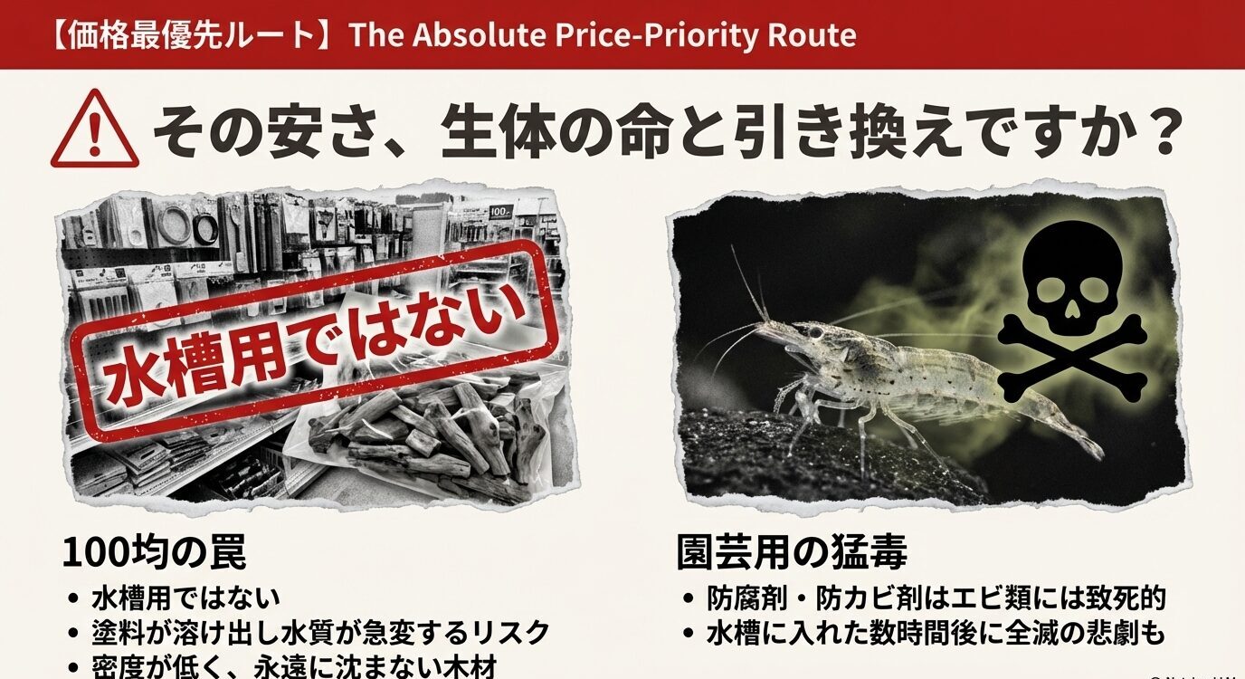 水槽用でない流木や園芸用流木が生体に致命的リスクを与える警告ビジュアル