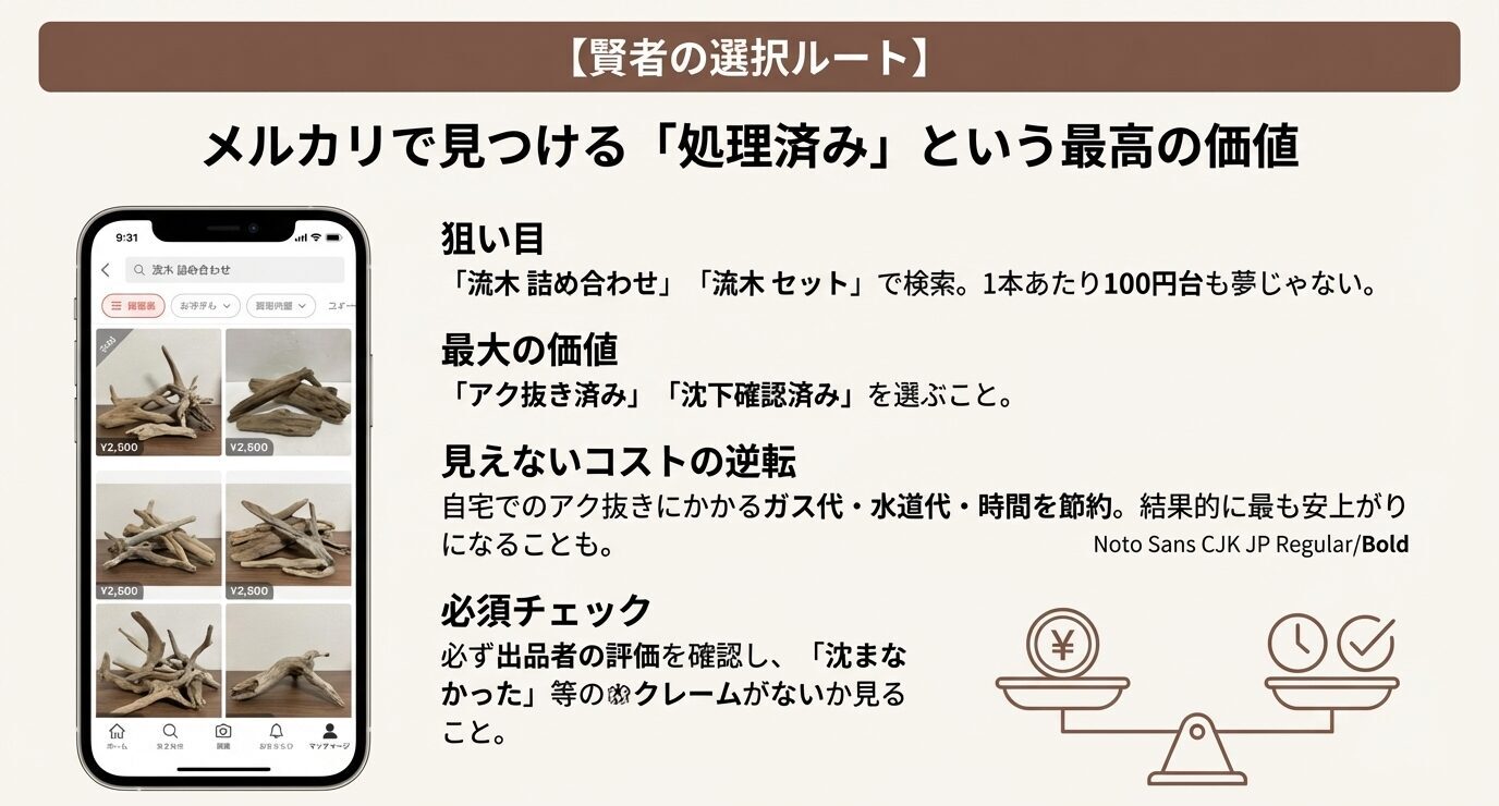 フリマアプリで販売される処理済み流木とコスト比較のイメージ