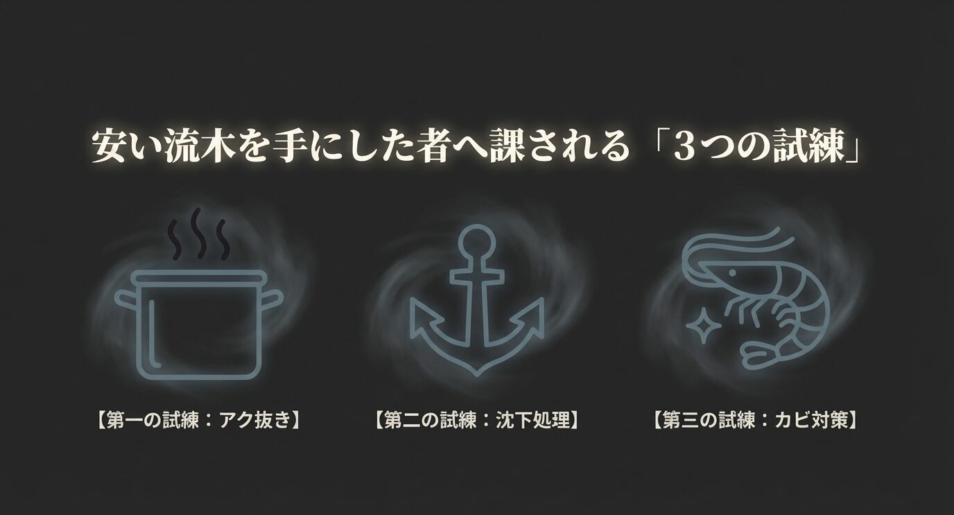 流木のアク抜き・沈下処理・カビ対策を3段階で示した図解