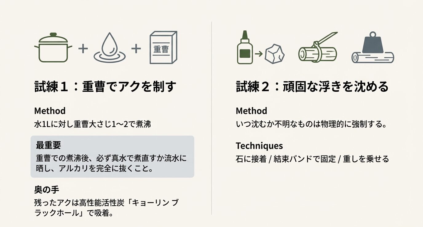 重曹での煮沸方法と、沈まない流木を物理的に固定する方法の図解