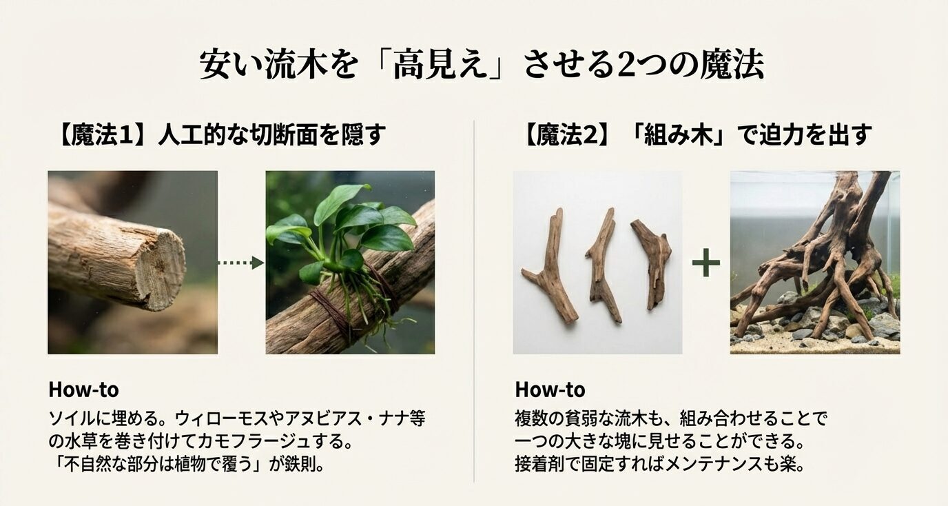 流木の切断面を隠す方法と、複数流木を組み合わせるレイアウト例