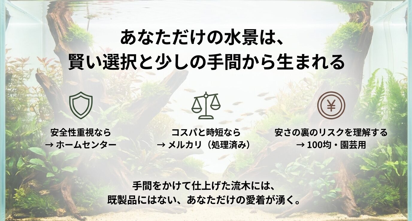 流木選びの結論を示すメッセージと完成した美しい水景
