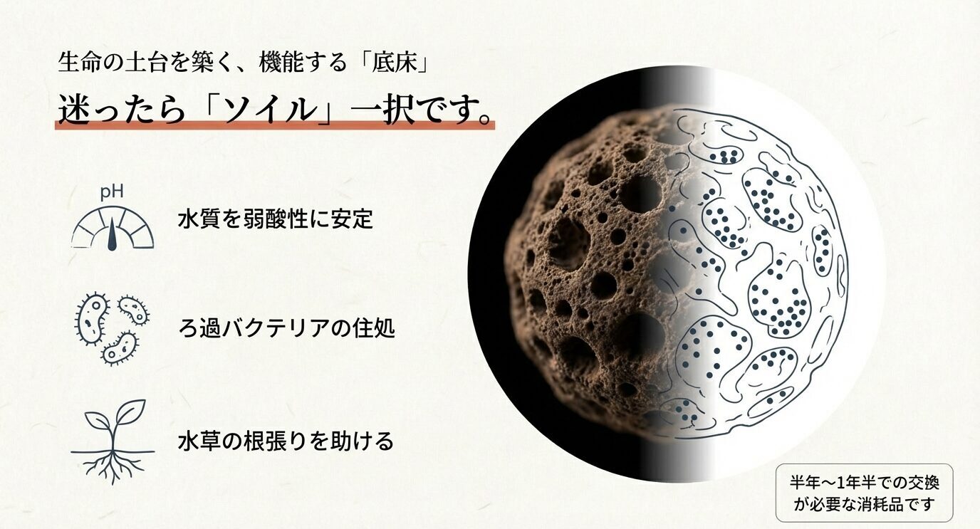 ソイル粒の写真と断面イメージ。「水質を弱酸性に安定」「ろ過バクテリアの住処」「水草の根張りを助ける」、右下に「半年〜1年半で交換が必要」とある