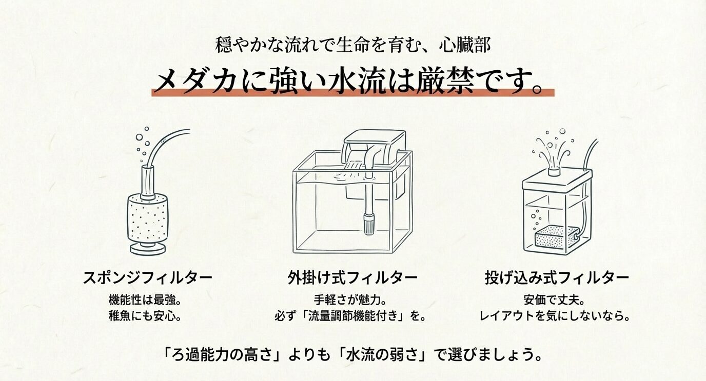 スポンジフィルター・外掛け式・投げ込み式のイラスト3種と「メダカに強い水流は厳禁」「ろ過能力より水流の弱さで選ぶ」と書かれている